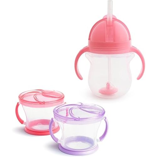Munchkin Any Angle Click Lock Weighted Straw Trainer Cup, 7 Oz, 1 Pack, Pink & Snack Catcher, 2 Pack, Pink/Purple