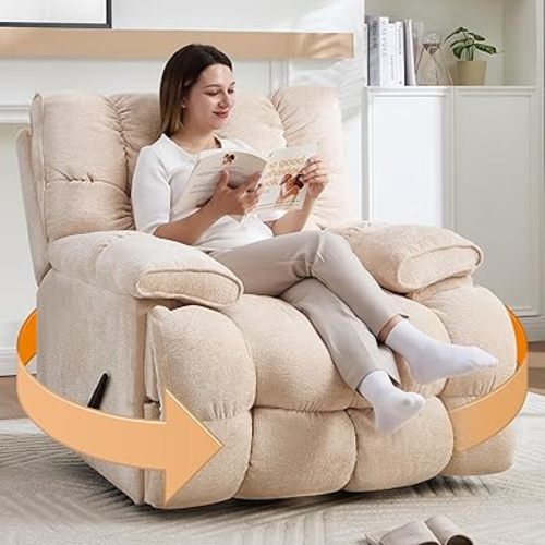 Oversized Recliner Chair Swivel Rocker Recliner for Living Room Chenille Overstuffed Nursery Reclining Sofa Chair Rocking Recliners for Adults 375lbs (Manual, Beige)