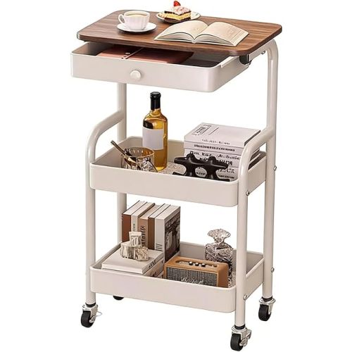 3-Tier Rolling Utility Cart with Drawers, Solid Wood Tabletop Metal Storage Cart, 360° Swivel Wheels & 2 Lockable Casters, Lightweight Mobile Organizer Trolley for Kitchen Living Room Bathroom