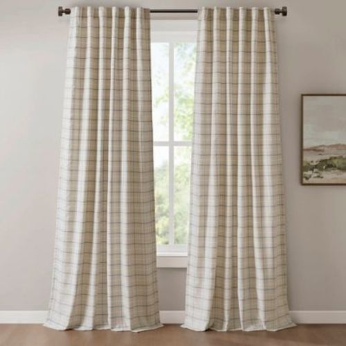 Fleece Lining Plaid Weave Window Curtain Panel, Faux Leather Textured Light Filtering Curtain for All Seasons, linen blue, 50x95"