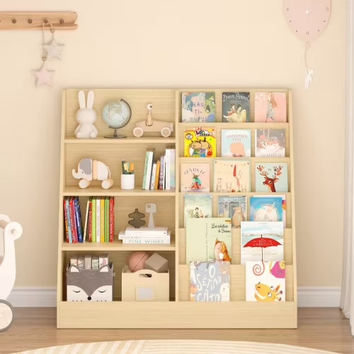 Kids Bookshelf and Toy Storage Organizer 4 Tier Wooden Book Shelf with Storage Bookcase for Kids Room Playroom Nursery