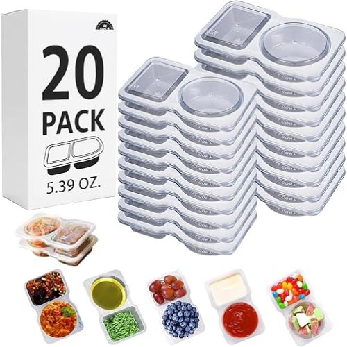 20 Sets Reusable Snack Containers Double Compartment Snackle Box Container with Lids - Leak-Proof BPA-Free Food Storage, Condiments Portion Control Dip Cups for Kids School Lunches, Meal Prep, Takeout
