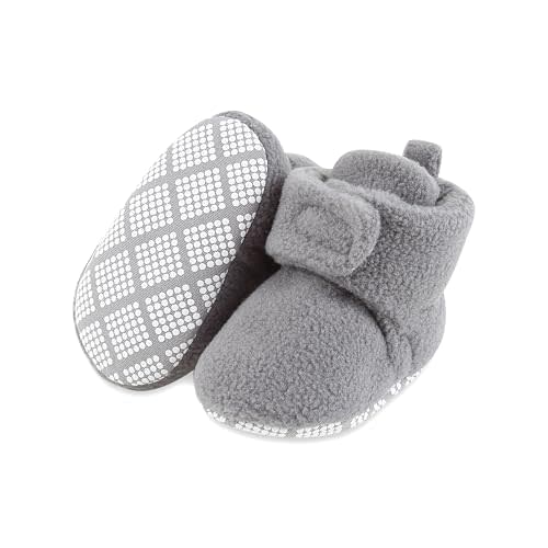 Baby Booties Fleece Unisex Non-Slip Shoes First Walkers 0-18 Months | Baby Boots Boy Girl Baby Shoes Toddler Slippers Cozy Soft Booties for Indoors Walking, Black Gray Pink, Winter Fall