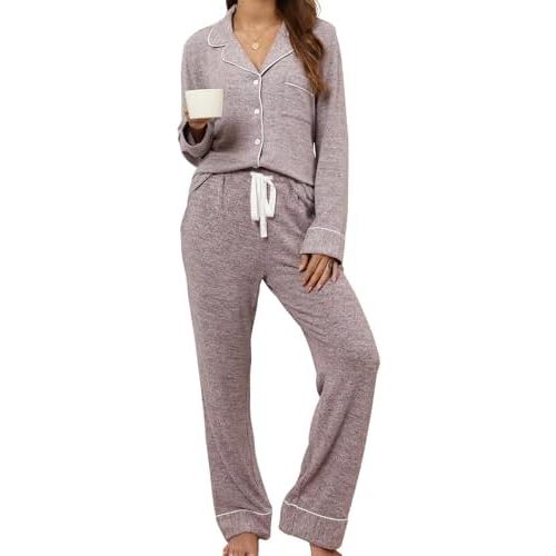 Pjmlifecoco Pajamas Set Long Sleeve Womens Button Down Sleepwear Two Piece Nightwear Soft Pj Lounge Sets S-XXL
