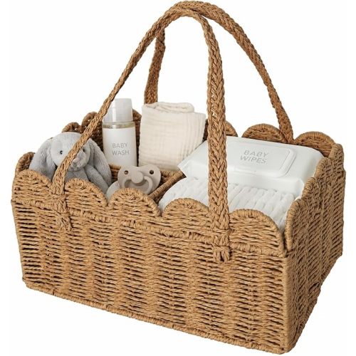 Diaper Caddy Organizer, Paper Rope Storage Baskets Nursery Bin with Removable Divider, Woven Scalloped Portable Car Organizer for Diapers, Baby Shower Gifts, Newborn Essentials Must Haves (Camel)