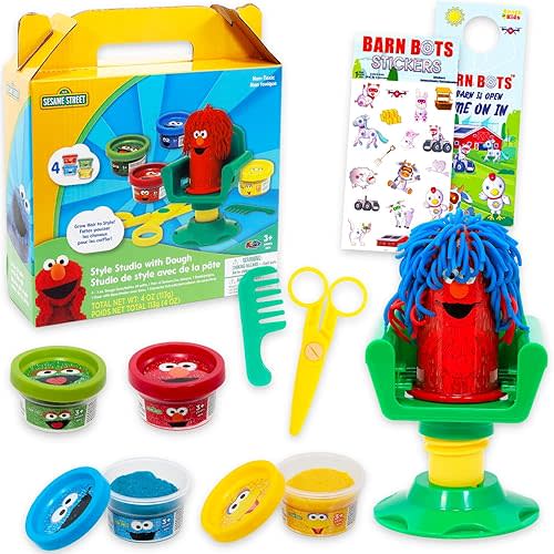 Style Studio Dough Play Set - Bundle with 4 Moldable Dough Tubs with Hair Salon Toys Plus Stickers, More | Sesame Street Pretend Play Activities for Kids