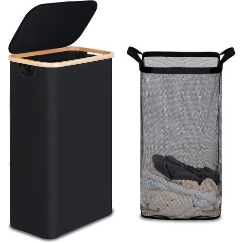 efluky Slim Laundry Basket with Lid, Narrow Laundry Hamper with Removable Bag, Skinny Dirty Clothes Basket with Bamboo Handles for Bathroom, Bedroom & Laundry Room, 90L Black