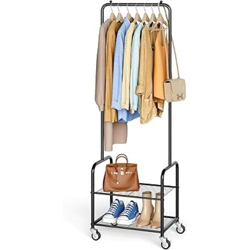 AOODA Small Clothes Rack with Shelves, Metal Sturdy Rolling Clothing Racks for Hanging Clothes, Portable Garment Rack with Wheels for Shirts, Coats, Shoes, Bags (Black)