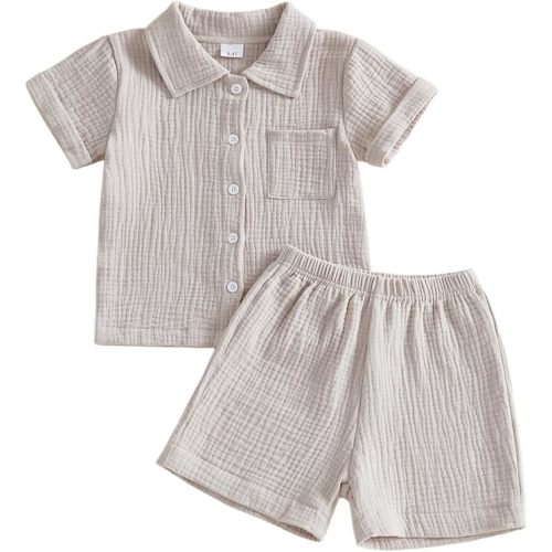 Baby Boys Clothes Set Toddler Infant Boys Button-down Shirt Tops + Cotton Gauze Shorts Summer Outfit 2PCS with Pockets