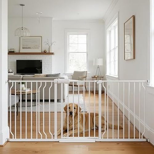 TSAYAWA Extra Wide Walk Through Baby Gate with Door,67-71.5 Inch Wide Presure Mounted No Drill Metal Auto Close Child Gate for Stair Doorway - Indoor Outdoor Safty Gate for Toddler Dog Doggie, White