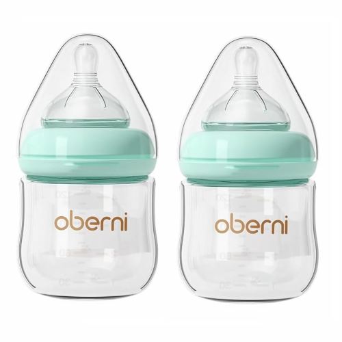 Glass Baby Bottles,Anti Colic Breastfeeding Bottle with Natural Response Nipple Size S,Wide Neck Slow Flow Baby Bottle for Baby,Newborn,Preemie 0-3 0-6 Month,BPA Free (Blue, 2 Pack, 4 Ounce)