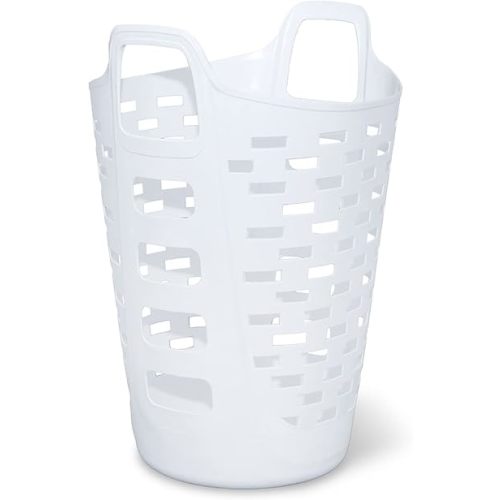 Clorox Flexible Laundry Basket - Tall Plastic Hamper for Clothes, Bedroom, and Storage - Portable Round Bin with Carry Handles, 2 Bushel, White