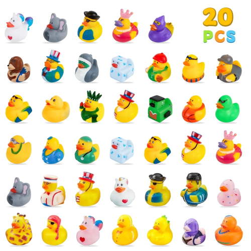 Rirool 20Pcs Assorted Rubber Ducks for Kids Bath Toys, Random Mini Duckies for Baby Pool Party Favors, Halloween Easter Gifts, Non-Toxic Floatable Duck