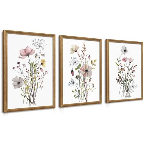 WRFON Framed Botanical Canvas Wall Art Set of 3, Watercolor Floral Prints, Framed Flower Wall Decor for Bedroom Bathroom Living Room, 12x16 Inch Each