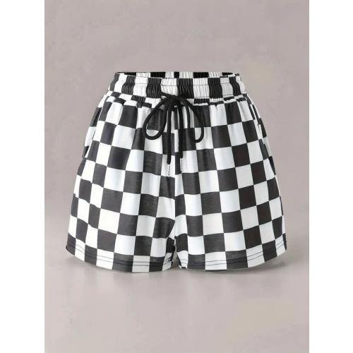 Women's Checkerboard Print Adjustable Drawstring Waist Shorts, - TikTok Shop