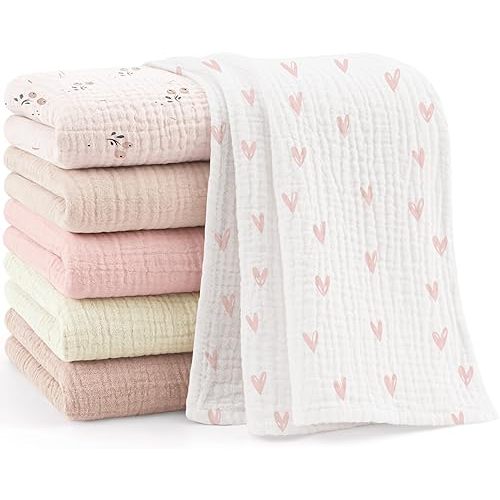 Bearmoss 100% Cotton Muslin Burp Cloths, 6 Pack Absorbent Large Baby Burping Cloths for Boy, Girl, 23.6" X 23.6" Newborn Essentials (Pink Print)