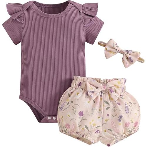 CIYCUIT Baby Girl Outfits – Summer Ruffle Ribbed Bodysuit Floral Print Shorts & Bow Headband – 3-Piece Infant Clothes Set