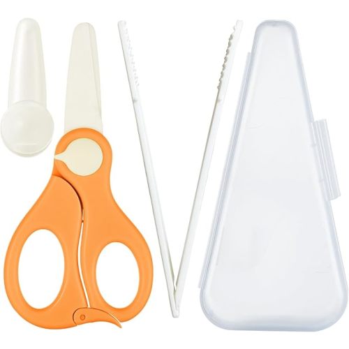 Baby Food Scissors with Travel Case and Tongs Set, Fully Detachable Ceramic Kids Food Scissors with Safety Lock, Dishwasher Safe, Ideal for Noodles, Meats, Vegetables, Pizza and Fruits (B)