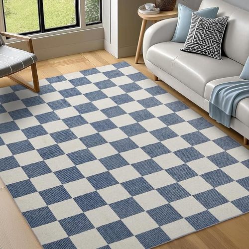 Washable Rug 5x7 Checkered Rug, Blue and White Area Rug, Boho Large Rugs for Living Room, Low Pile Lightweight Indoor Carpet with Non-Slip Backing for Bedroom Classroom Playroom Kids