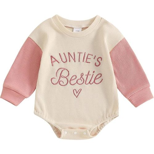 SAYOO Aunties Bestie Baby Girl Clothes Letter Embroidery Waffle Color Block Sweatshirt Bodysuit Fall Bubble Romper Pullover