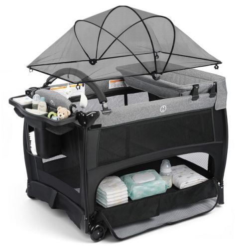Kinder King 5-in-1 Baby Playard with Bassinet, Bedside Sleeper, Changing Table, Canopy & Side Zipper, Portable Baby Playard