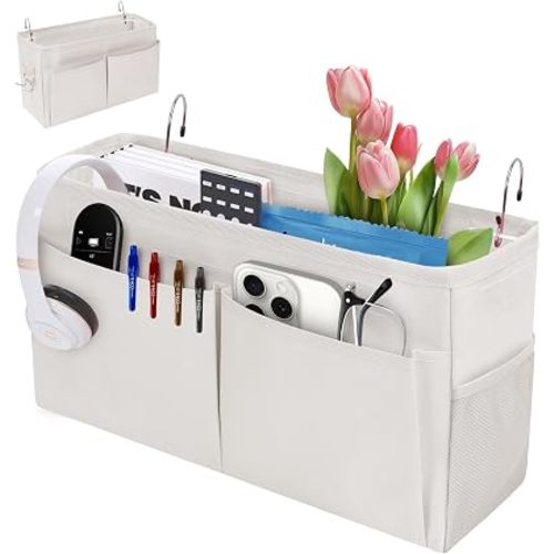 Bedside Caddy Organizer with Fixed Straps, Bunk Bed Caddy ideal for Home, Bunk Bed, Dorm, Hospital, Crib, Versatile Bedside Storage Solution (Beige)