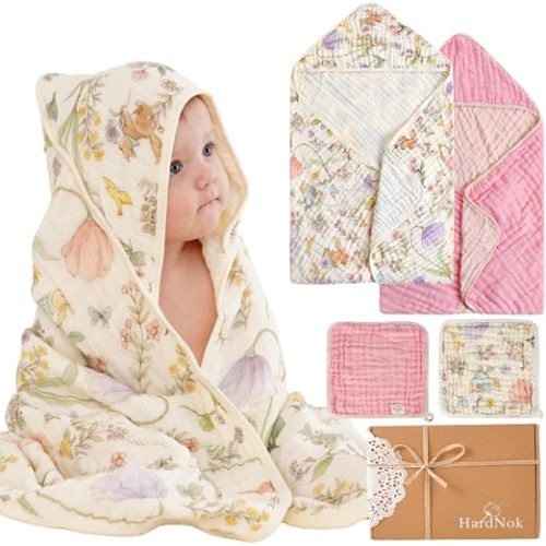 Muslin Baby Bath Towels Set 4-Piece Organic Cotton Blend (Garden) | 32x32" Towels & Washcloths, Reversible 6-Layer, Woodland Garden, Infant Beach Essentials, Baby Shower, Curated Gift Box