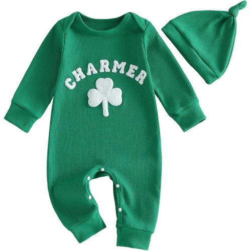 Karuedoo Newborn Baby Boy Girl St Patricks Day Outfit Charmer Clover Embroidery Waffle Long Sleeve Romper Jumpsuit with Hat