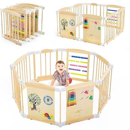 Foldable Wooden Play Yard – Adjustable Safety Gate with Lock