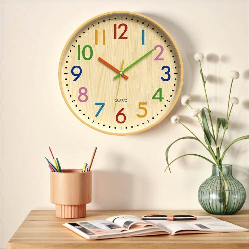 Classroom Wall Clock for Time Teaching, Non-Ticking Battery Operated Colorful Analog Clocks for School, Bedroom Decor 12 Inch