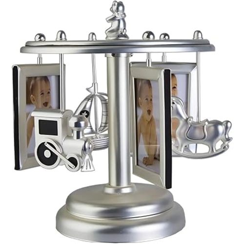 Wind Up Musical Carousel Picture Frame - Silver Sun Moon and Stars Design - Holds 6 2x3 Photos