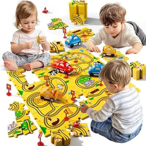 Beby Buty 64PCS Puzzle Race Cars Track Set Toys for Kids, Puzzle Racer Kids Car Track Set Ages 3-5 4-6, Toys Gifts for 3 4 5 Year Old Boys, 3 4 5 Year Old Boys Ideal Gift