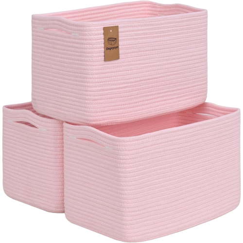 Natubeau 3 Pack Woven Storage Basket for Shelves, Cotton Rope Storage Bins for Toys Books, Storage Baskets for Organizing, 14.96"X9.8"X8.85", Pink