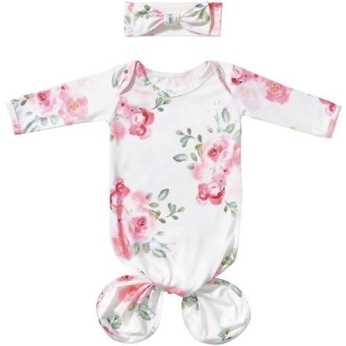 Baby Knotted Gown Newborns 0-6 Months, Soft Breathable Newborn Sleeper Gowns, Baby Girl Coming Home Outfit Essential Gift Watercolor Floral with Headband Set