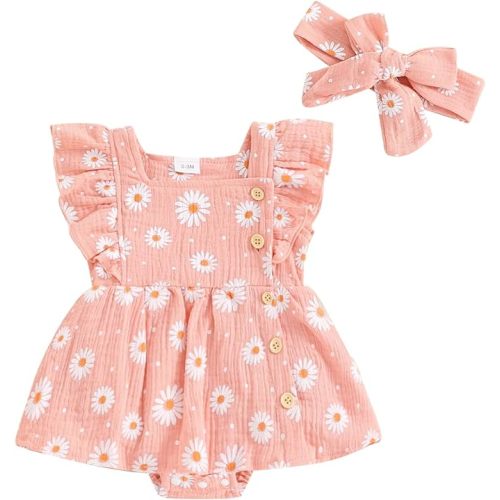 Madjtlqy Toddler Baby Girl Summer Clothes Ruffled Sleeves Solid Color Flower Romper Dress Newborn Outfits with Headband - 12-18 Months - C-pink