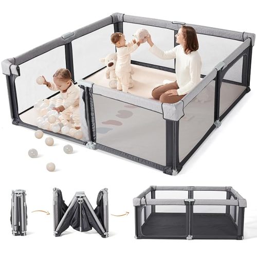 Sweeby Baby Playpen, 59x59 Inch Baby Gate Playpens for Babies and Toddlers, Large Playpen with Door Play Yard for Fence Indoor and Outdoor Play Pen,Space Gray