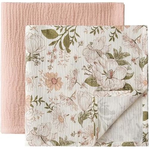 Little Jump 2-Pack Cotton Muslin Swaddle Blankets for Baby Boys Girls Unisex - Boho Floral Baby Blanket Nursery Swaddling Blankets- Large 47 x 47 inches Receiving Blanket Neutral (Vintage Blossom)