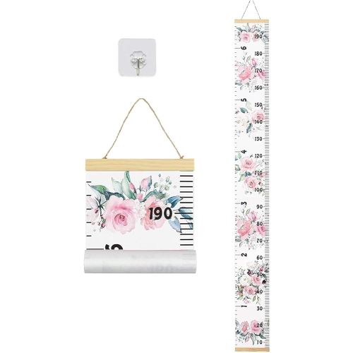 Baby Growth Chart, Height Wall Chart for Kids, Wooden Frame Canvas Measurement Hanging Ruler for Child’s Room Decoration 79 x 7.9in(Flower)