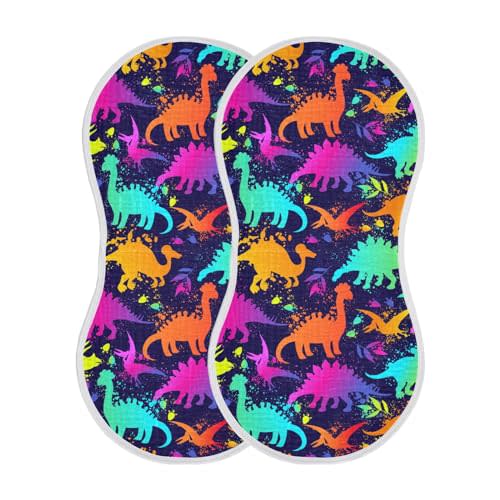 JHKKU Muslin Burp Cloths for Baby Boys and Girls - 2-Pack Ultra Absorbent Bright Neon Dinosaurs Muslin Washcloths, Newborn Towel, Milk Spit Up Rags, Burp Cloth Bib for Unisex, 22 x 11 Inch