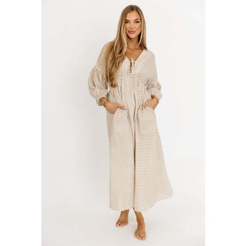 Hunter 100% Cotton Printed Gauze Midi Dress in Natural Plaid - Bump Friendly