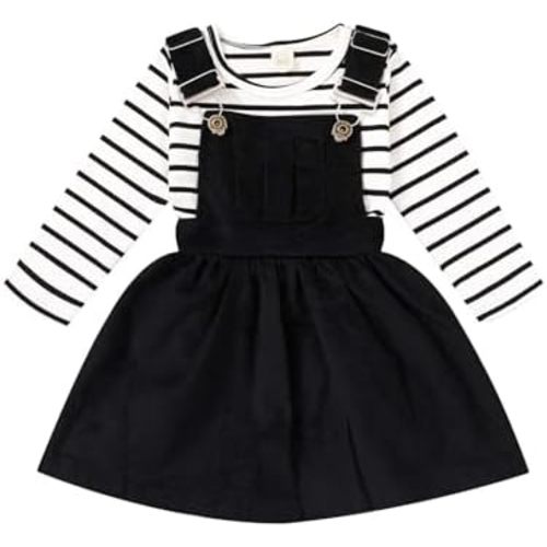 Toddler Baby Girl Fall Outfit Long Sleeve Stripe T-Shirt and Strap Dress Overall with One Pocket Clothes Sets