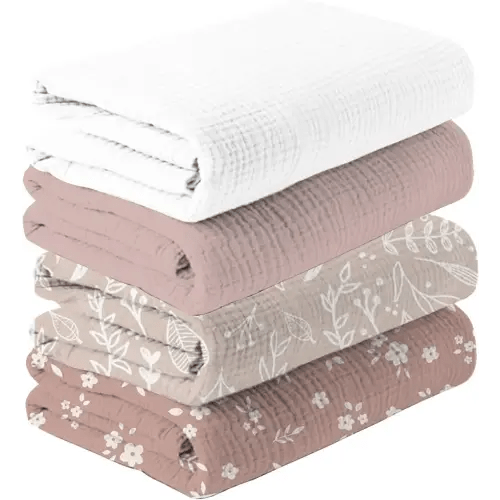 Happy Flute 4Set Muslin Swaddle Blankets–Ultra Soft Baby Blanket for Newborns,Receiving Blankets for Baby Girls & Boys–Baby Essentials 0-3 Years,40x40inches (Flower)