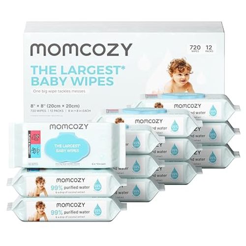 Momcozy Baby Wipes Plus Wipes –Size, Thickness, Moisture, Softness & Scenario Plus, 99% Water-Based Wet Wipes, Unscented & Hypoallergenic, Gentle for Sensitive Skin, 720 Count (12 Packs)