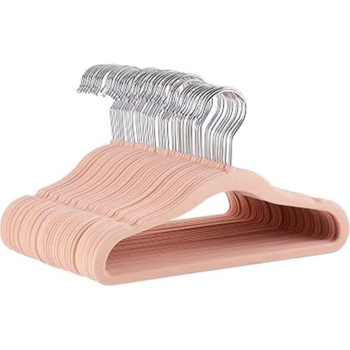 Amazon Basics Kids Space Saving Velvet Non-Slip Clothes Hangers with Shoulder Notches for Infant and Toddler, 11.6", Blush, 50-Pack