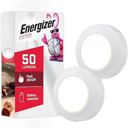 Energizer LED Puck Lights, 2 Pack, Battery Operated, Push Light, Wireless Lights, 50 Lumens, Tap Light, Stick On Lights, White, Perfect for Under Cabinet, Closets, Pantry, and More, 46009