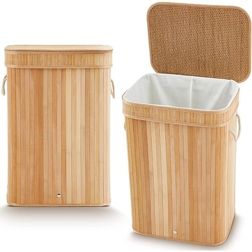 2 Pack 21 Gallon Bamboo Slim Trash Can with Lid Large Foldable Slim Rectangular Garbage Can Laundry Basket Bamboo Waste Basket for Bathroom Bedroom Office Home Salon Spa (Wooden Color)