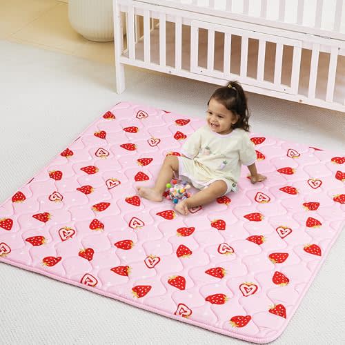 Viviland Baby Play Mats for Floor, Thicken Cushioning Padding Foam Playmate for Baby and Toddlers Infants, 50" x 50" Playpen Mat, Non-Slip & Machine Washable - Pink Strawberry