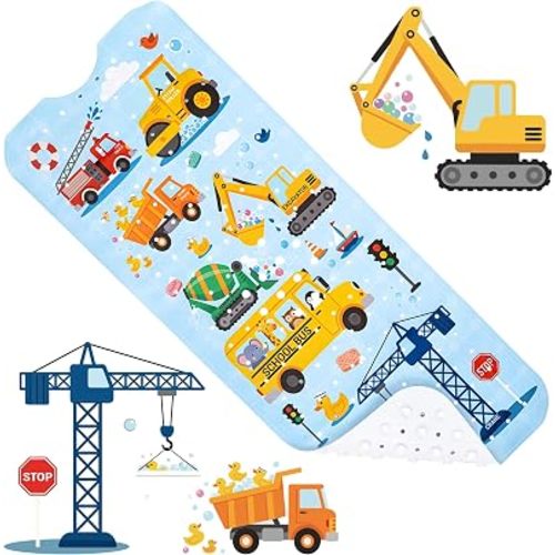 Baby Bath Mat for Kids Toddler 40" x 16", Cute Non Slip Bathtub Shower Mat with 200 Strong Suction Cups & Quick Dry Holes, Soft PVC Vehicle Cartoon Design for Boys Girls