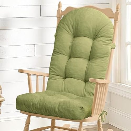 Rocking Chair Cushion - Chenille Fabric, High-Density Sponge, Durable Comfort Non-Slip Bottom Tufted Seat Pads with Ties, Chenille︱Avocado Green, 44x19x4 inch