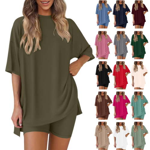 Bovxnpu Summer Casual Outfits For Women, 2 Piece Lounge Sets, Women's Summer Solid Color Round Neck Five Quarter Sleeved Top+shorts Pants Two-piece Set XL